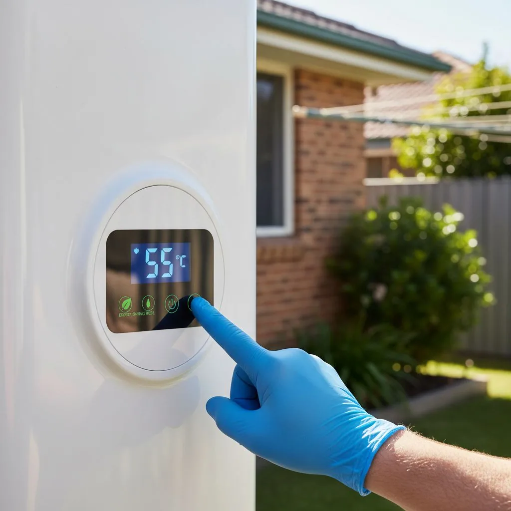Illustrative close-up of a gloved hand using a hot water control display