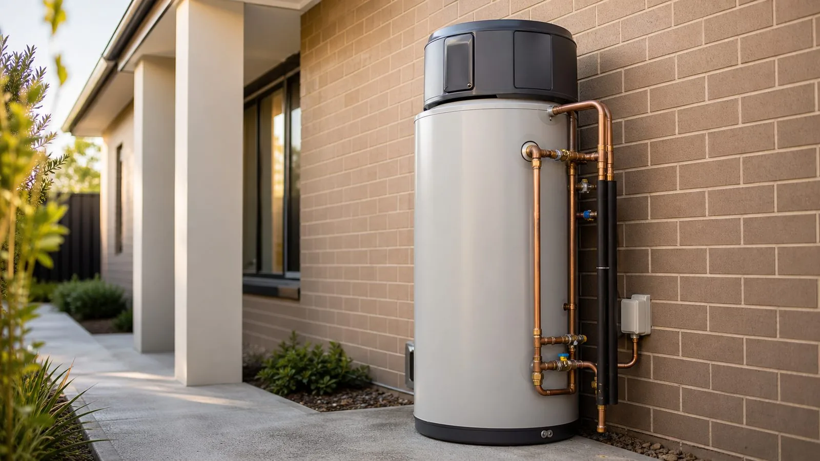 Illustrative outdoor hot water tank beside a brick house with visible pipe connections